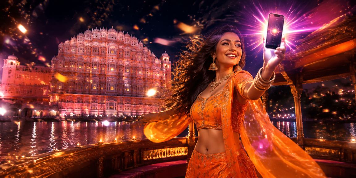User accessing VIP bonuses on mobile while standing near Jaipur's Hawa Mahal